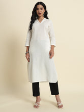 Thread Plus Cotton Flax Straight Kurti In Off White Color For Women